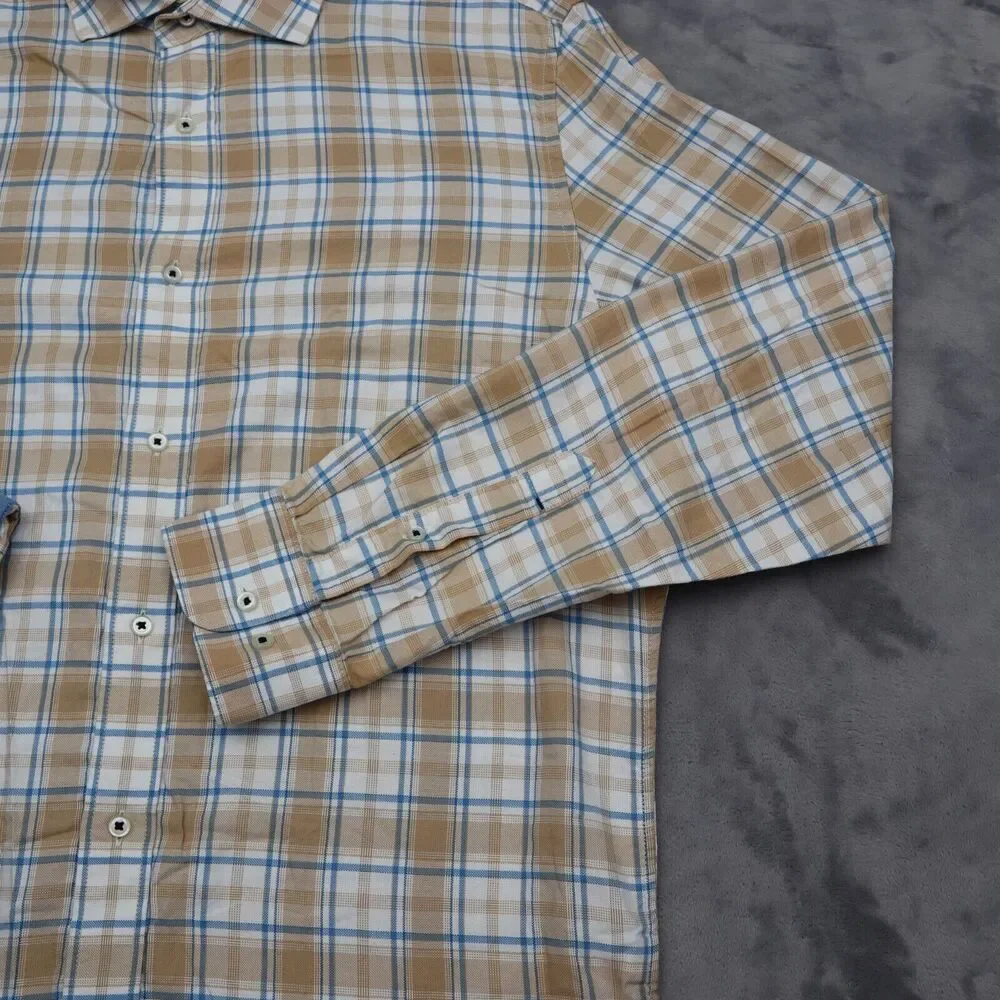 Banana Republic Shirt Mens Large Brown Plaid Button Up Flip Cuff Work Dress